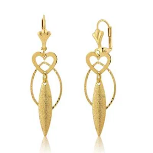 18K Yellow Gold Plated 2 Inch Dangle Heart and Oval Earrings For Women - Picture 1 of 3