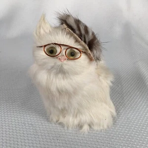 Vintage Real Fur Cat Figurine White Persian Cat w/Glasses & Fur Cap Hat 5" - Picture 1 of 8