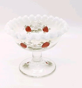 Fenton Opalescent Ruffled Strawberries Compote Hand Painted Compote Dish Signed - Picture 1 of 17