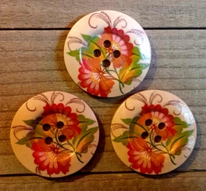 3 Flower Buttons Sewing Crafting Round Wood 4 Hole 1 1/8" - Picture 1 of 2