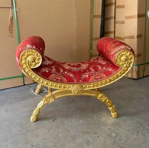 Red Small Bench French Style With Gold Details Rococo Baroque Furniture - Picture 1 of 7