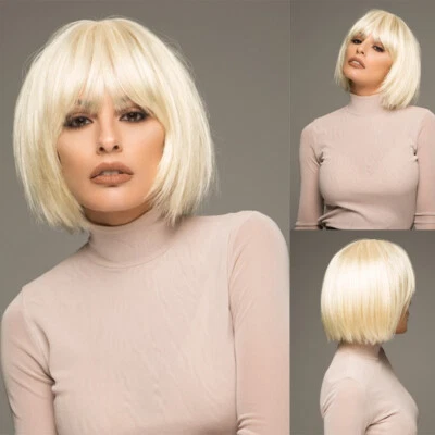 Mujeres Dorado Claro Romo Brazalete Pelucas Moda Humana Corto Bob Rubio Cabello Lacto Foto 1 de 4