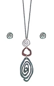 Multi Swirls Pendant Mixed Metals Patina Link Drop 32" Long Necklace Earring Set - Picture 1 of 1