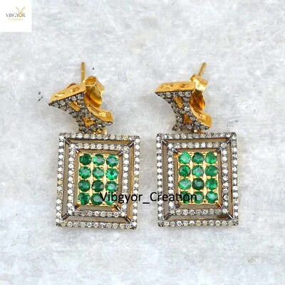 Pave Diamond Emerald Dangle Earrings Gemstone 925 Solid Silver Gold Plated Gift - Image 1 of 4