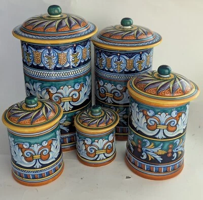 Franco Mari Deruta Italy Majolica Canister Set 5 +lids Leaf Acanthas Jars Italy - Image 1 of 4