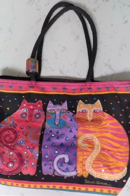 VTG Laurel Burch Feline Cats Colorful Embellished Boho Lined Tote Beach Travel - Image 1 of 4