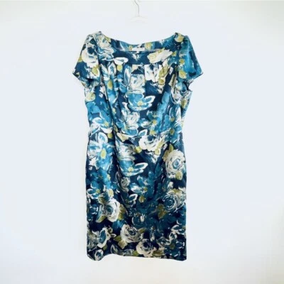 Laura Ashley Size 18 20 XXL Blue Teal Floral Satin Finish Boat Neck Sheath Dress - Image 1 of 4
