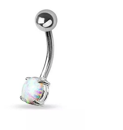 Anillo ombligo de lujo de ópalo de corte redondo de 0,50 quilates enchapado en oro blanco de 14 quilates Foto 1 de 4