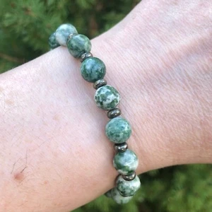 Green Spot Jasper Beaded Stretch Bracelet. Green Gemstone Bead Bracelet. Uk Made - Picture 1 of 15