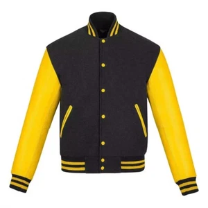 Chaqueta de bombardero Letterman universitaria de lana negra cuero puro real mangas amarillas - Imagen 1 de 7