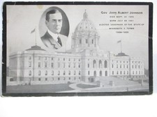 1909 POSTCARD MEMORIAL GOV. JOHN A. JOHNSON 3 TERM GOV. OF MINN. 1904-09 W/ PIC