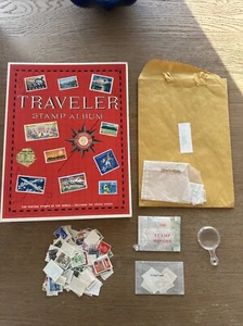 Vintage 1976 Harris TRAVELER STAMP ALBUM with Stamps and Magnifying Glass - Picture 1 of 13