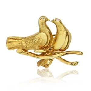 Cross 14K Yellow Gold Figural "Soul Mate" Doves Diamond Eyes Brooch GP-3090-C - Picture 1 of 5