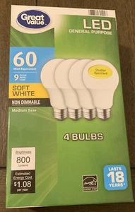 4 LED Bulbs 60W Equivalent Non-Dimmable - Soft White.20,000 Hour Life. - Picture 1 of 4
