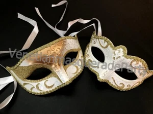 Gold White Masquerade Ball Eye Mask Pair Set White Dress Birthday Costume Party - Picture 1 of 6