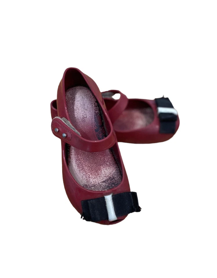 Mini Melissa Sz 24 8 maroon Bow Shoes Girls Church UltraGirl Peep Toe Dressy - Image 1 of 4