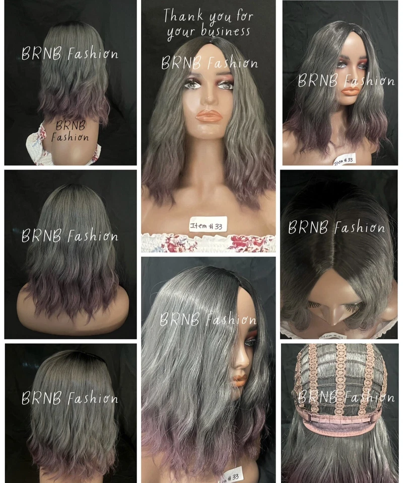 #33 Synthetic Short Wavy Wig Gray Pink USA Fast Shipping Free Gift - Image 1 of 1