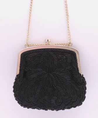 Bolso de noche/cartera cadena Hong Kong Kiss Lock vintage años 50 La Regale negro con cuentas Foto 1 de 4