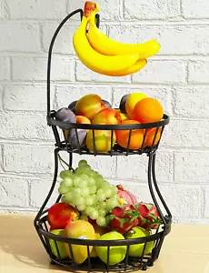 2-Tier Fruit Basket Bowl Stackable Vegetable Storage with Banana Tree Hanger Sta - Picture 1 of 12