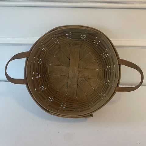 1984 Longaberger Round 10" Darning Basket w/Leather Handles Old Dark Stain Cover