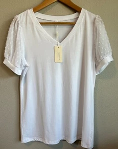 NWT Aokosor Women's Medium V Neck T Shirt Swiss Dot Puff Sleeve White Tee - Picture 1 of 5