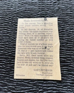 Carta al editor Gary Peterson Music Bugle American Hippies Milw. de 1970 Diario - Imagen 1 de 2