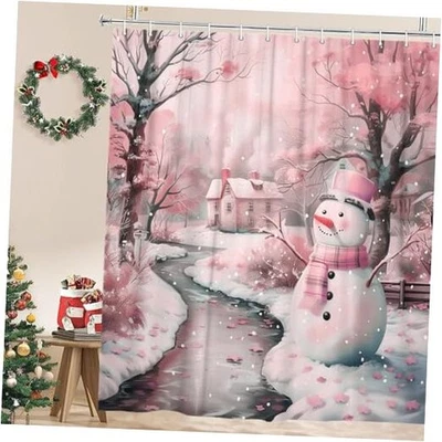 Lindo muñeco de nieve rosa Navidad cortina de ducha, invierno Navidad granja rosa muñeco de nieve Foto 1 de 4