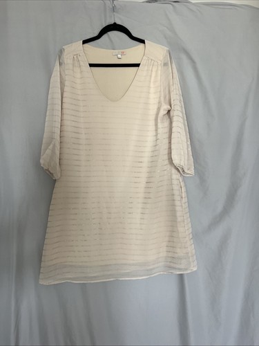 OFF WHITE abito gb donna L bianco sporco boho tasche foderato matrimonio estate trasparente righe USA