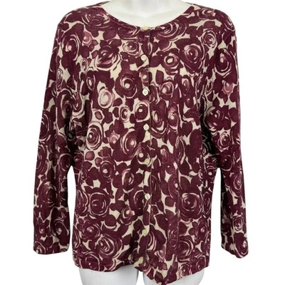 Cárdigan con botones floral 100 % lana Garnet Hill para mujer suéter fino borgoña XL Foto 1 de 4