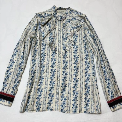 二手 GUCCI 蓝色花卉丝绸罩衫 好 — 第 1/4 张图片