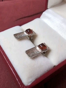 Textured Sterling Silver 925 and Baltic Amber Honey Amber Stud Earrings - Picture 1 of 7