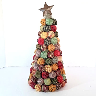 Vintage Homespun Rag Ball Christmas Tree Tabletop Primitive 13" Plaid Tin Star - Image 1 of 4