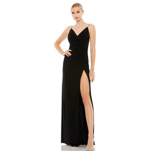 Ieena for MacDuggal gown-size 0-black rhinestone spaghetti strap high slit - Picture 1 of 8