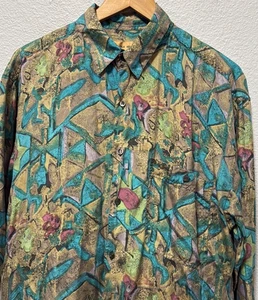 Vintage 90's Silk House Men's Abstract Print Button-Up Shirt Medium Bold Dad - Picture 1 of 4