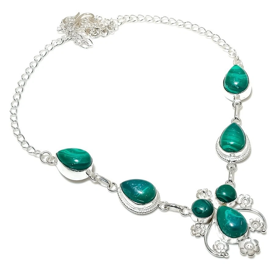 Collar de joyería de plata de ley 925 hecho a mano con piedras preciosas de malaquita verde tamaño 18" Foto 1 de 1