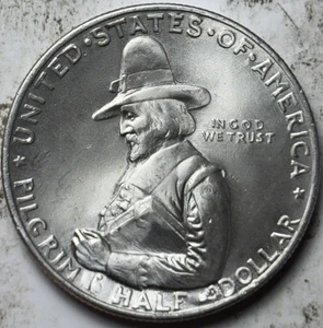 1920 Pilgrim 50c Commemorative Half Dollar. Attractive UNC Details, Whizzed - Picture 1 of 2