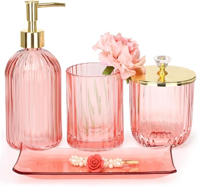 Bathroom Accessories Set, 4 Pcs Pink Glass Bathroom Accessories Sets Complete w/ - Image 1 of 4