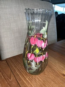2001 Christina Vase “Bleeding Hearts” Hand Painted Glass Vase 7” - Picture 1 of 12