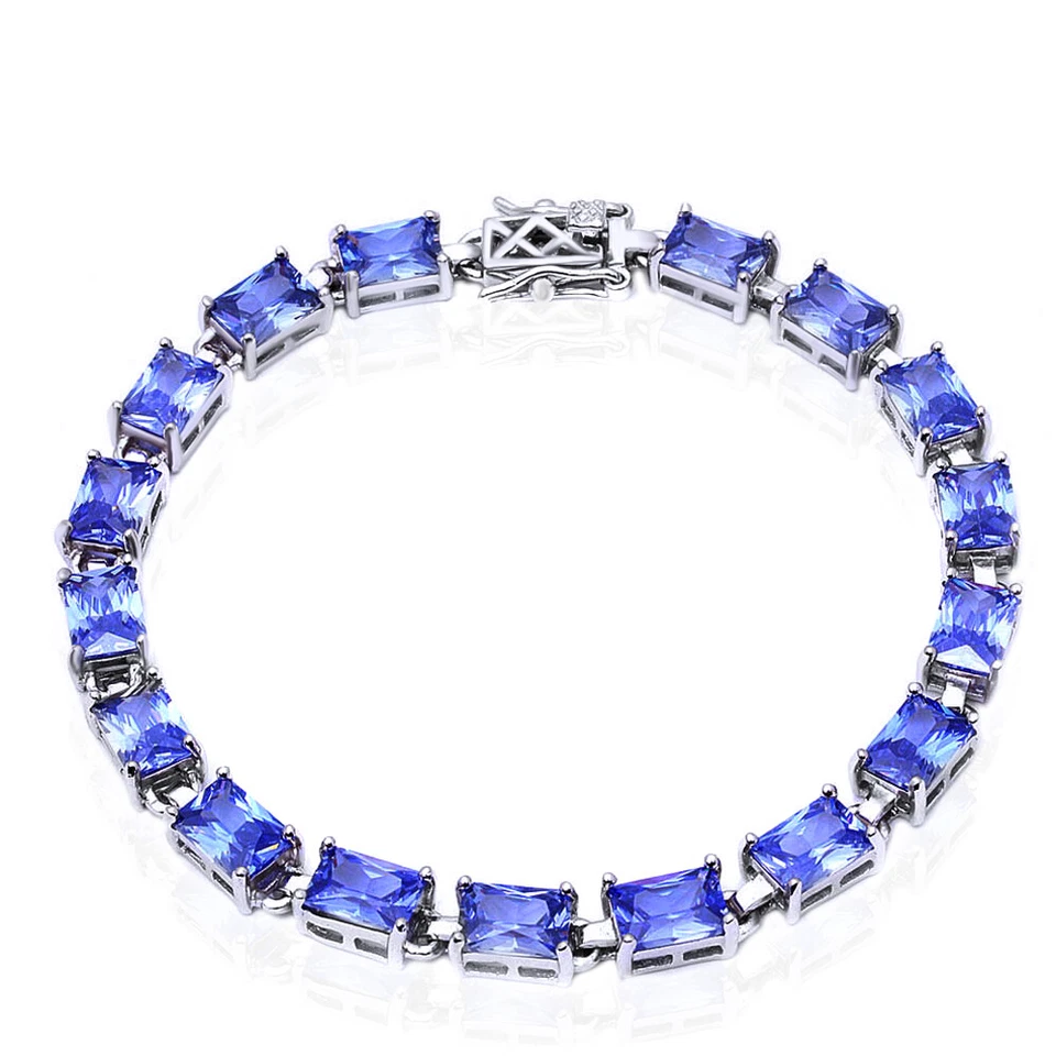17.50ct Emerald Tanzanite Tennis 7 1/4" Bracelet 14K White Gold Plated Silver - Image 1 of 1