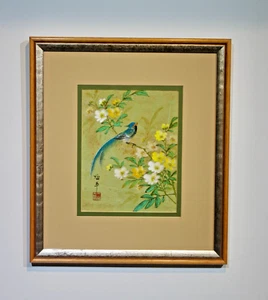 Original Watercolor on Cork- Framed Signed- Blue Bird with Flowers- COA - Picture 1 of 10