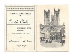 Tarjeta de Publicidad Vintage CASTLE CAFE Puerta de Hacienda Lincoln Inglaterra tarifas de habitación - Imagen 1 de 2