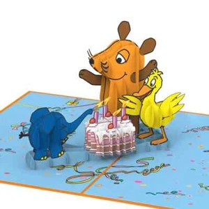 POP UP 3D Klappkarte* Die Maus® Happy Birthday* Blauer Elefant Gelbe Ente Torte - Bild 1 von 5