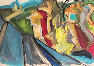 Vintage original fauvist gouache painting landscape country scene - Picture 1 of 14