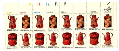 US STAMP SCOTT #1775-1778 - PANE OF 20 - FOLK ART - 15c - PB/MR. ZIP - MNH - Image 1 of 2