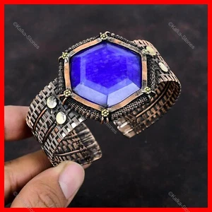 Brazalete de compromiso hexagonal natural azul zafiro cobre aniversario nuevo envuelto en alambre - Imagen 1 de 6