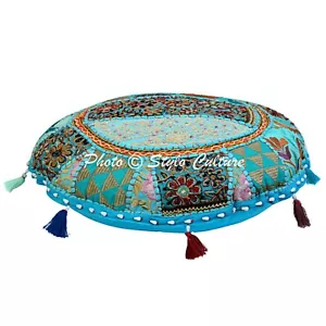 Round Blue Floor Pillows Vintage Patchwork Floor Cushion Bohemian Pouf - Picture 1 of 5