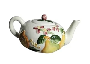 Vtg Raised Fruit And Flowers Ceramic Spout Hand Painted Teapot Rustic - Picture 1 of 12