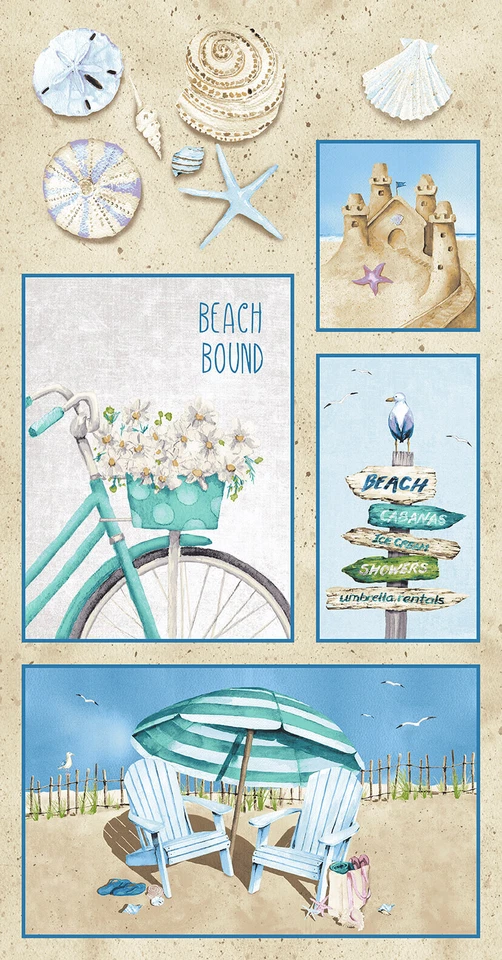 Tela náutica Seashell castillo de arena playa encuadernado por Henry Glass panel de 23,5"X44" Foto 1 de 1