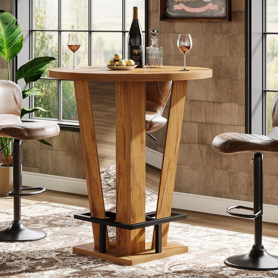 Round Bar Table, 39.4" H High Top Cocktail Bistro Pub Table with Metal Footrest - Image 1 of 4