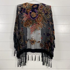Areo.A Kimono Jacket Womens One Size Black Floral Silk Velvet Beaded Fringe Boho - Picture 1 of 12